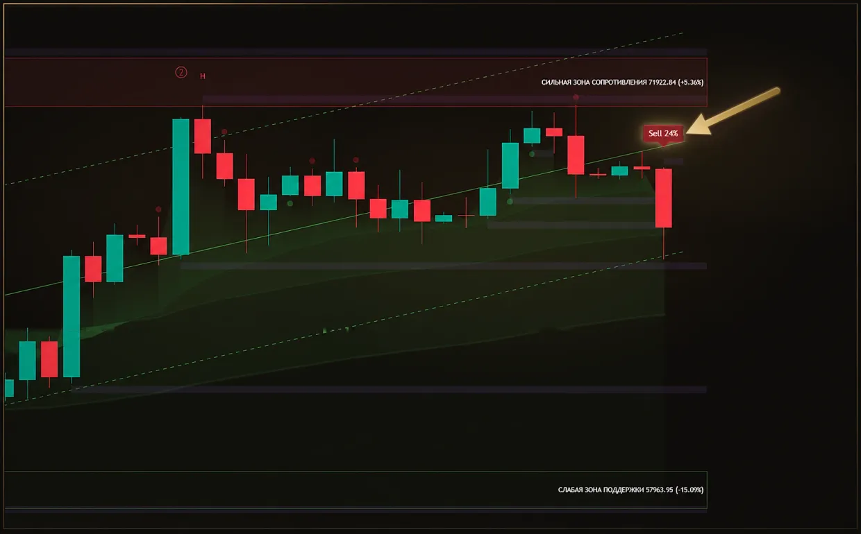 Кадр TradingView: индикатор Midas напечатал сигнал Sell по закрытию свечи