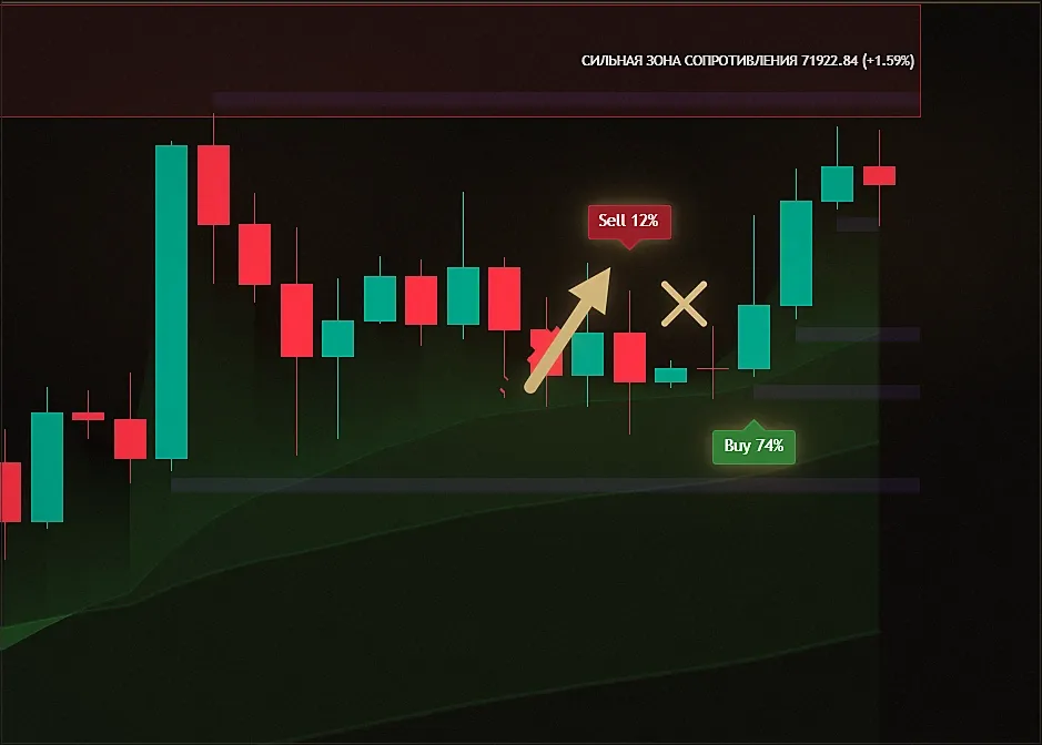 Кадр TradingView: сигнал не отработал, цена пошла против входа и сработал стоп