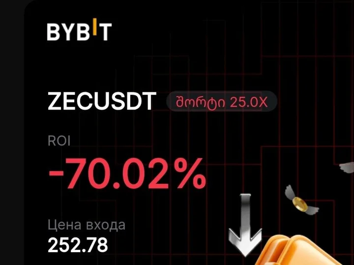 Карточка сделки с биржи Bybit: ZECUSDT, шорт, плечо 25X, результат минус 70,02 процента