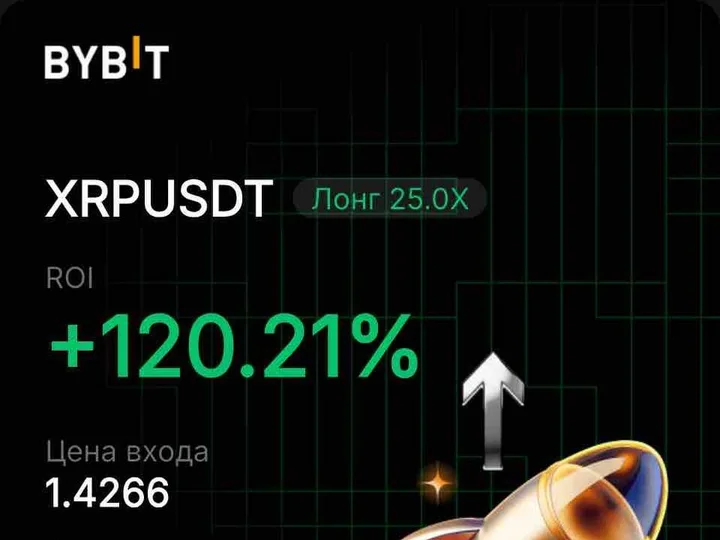 Карточка сделки с биржи Bybit: XRPUSDT, лонг, плечо 25X, результат плюс 120,21 процента