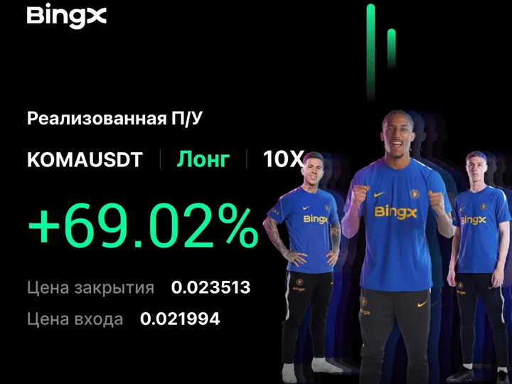 Карточка сделки с биржи BingX: KOMAUSDT, лонг, плечо 10X, результат плюс 69,02 процента