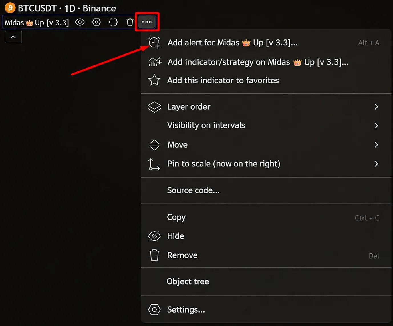 Indicator menu: the first item "Add alert"