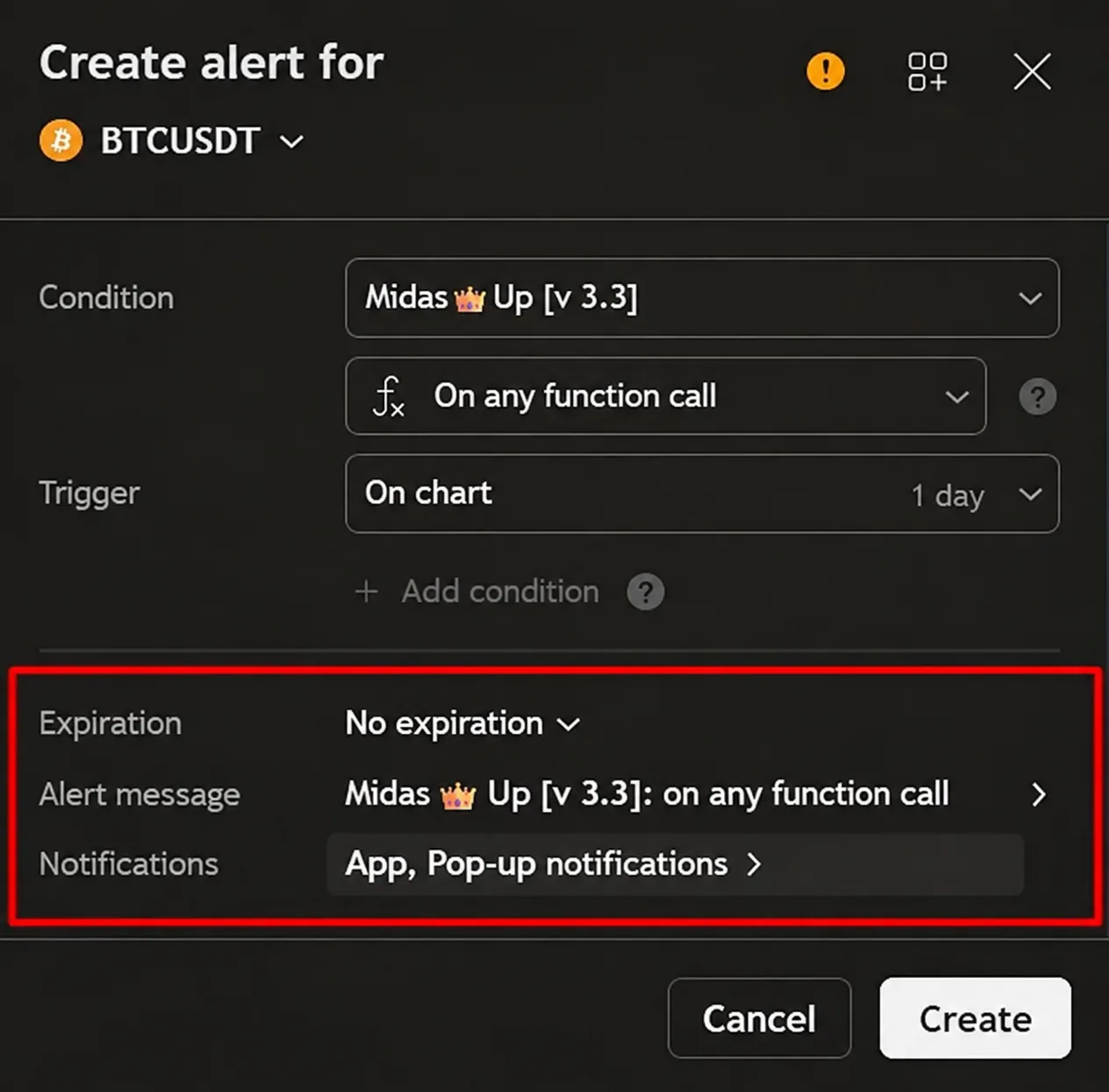 notification window: time, message and method of notification