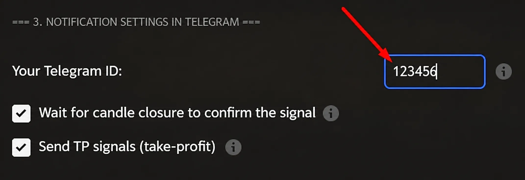 The field "Your Telegram ID" in the indicator settings