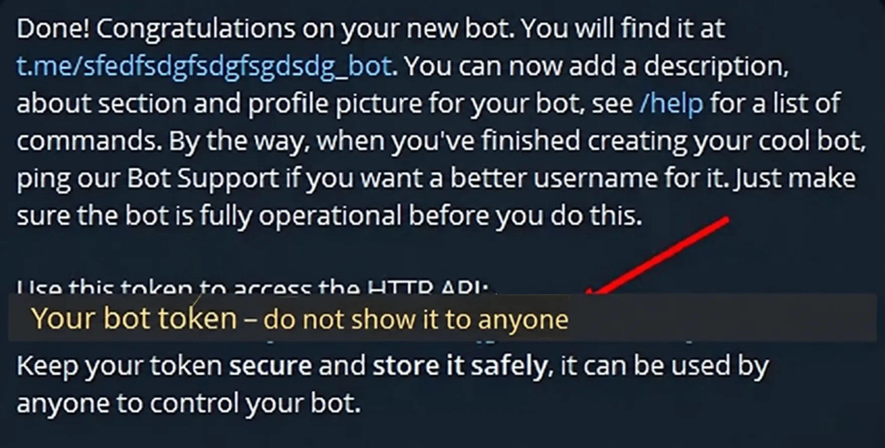 Telegram bot-management message with bot token