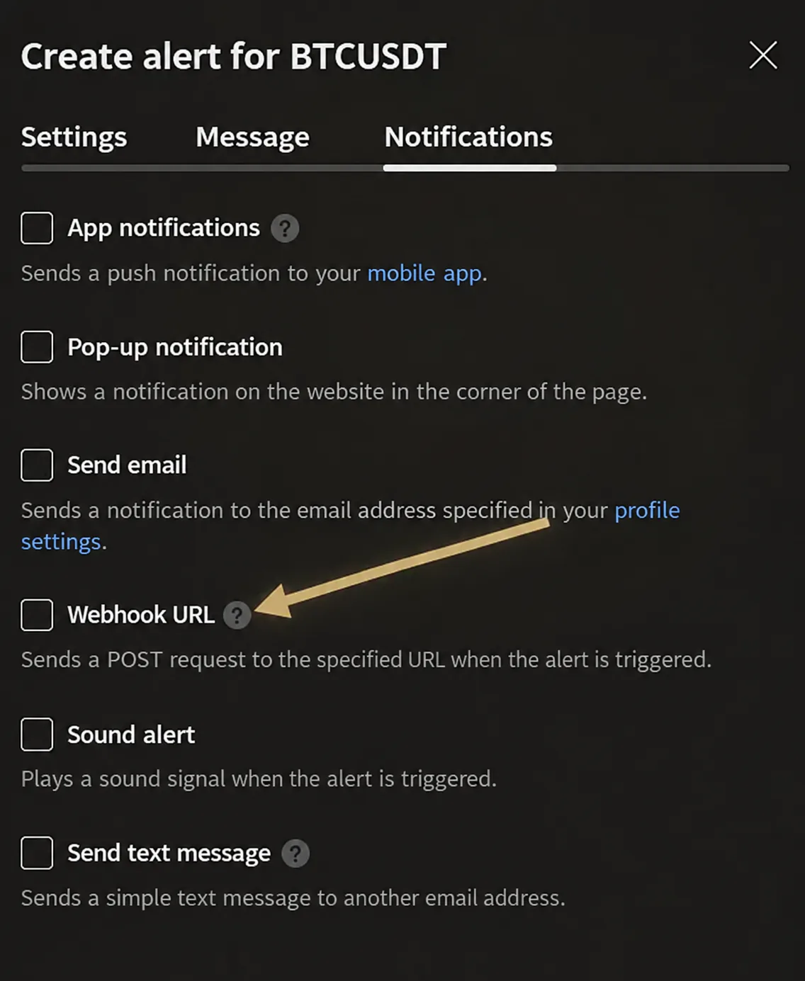 tab “Notifications” in the notification window: “Webhook URL”