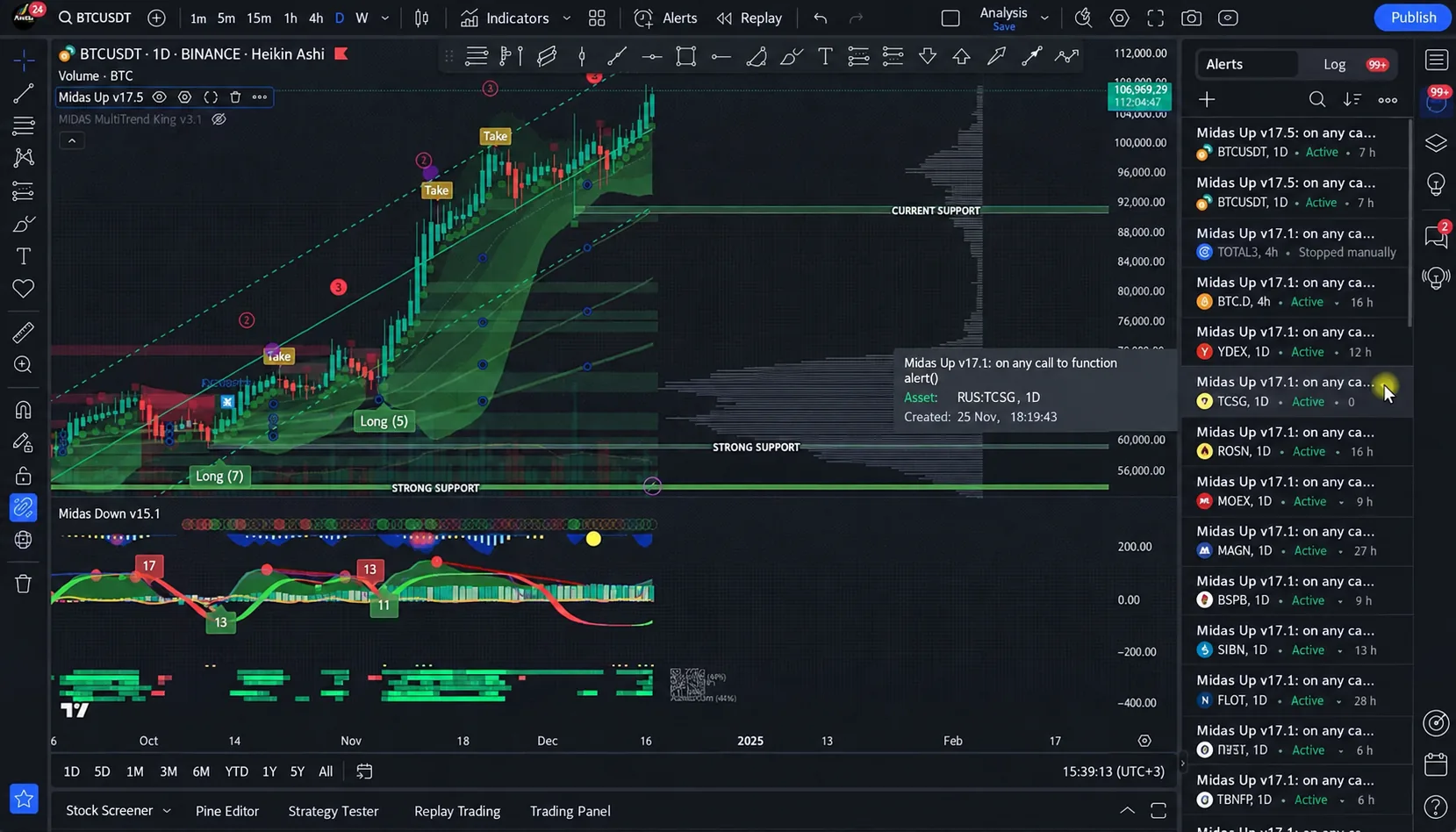 Warnings panel in TradingView with list of active alerts