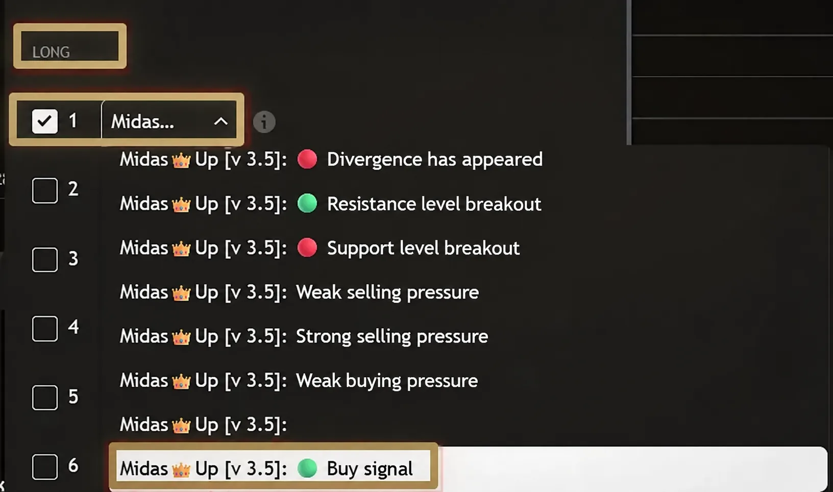 Long entry conditions: up to six signal sources
