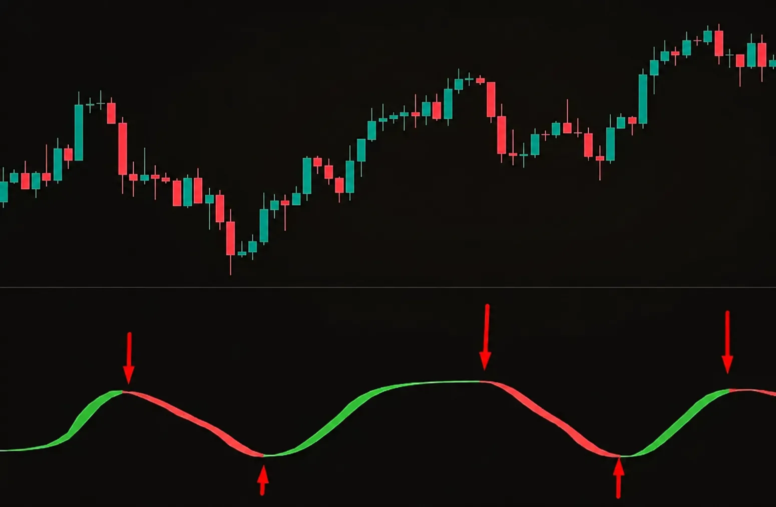 Trend ribbon of the lower indicator: moments of price reversal