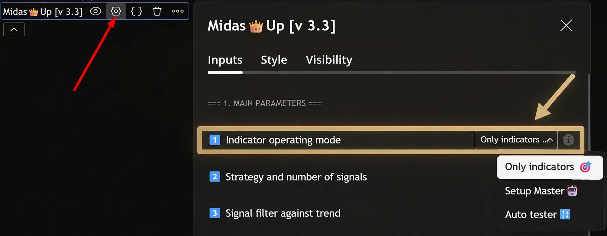item "Indicator mode" and list of modes