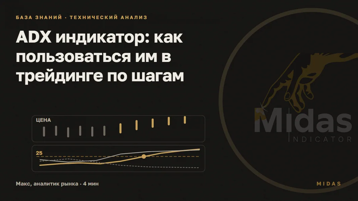 Обложка статьи «ADX индикатор: как пользоваться им в трейдинге по шагам»: Сверху свечи боковика и пробой вверх, снизу золотая линия ADX поднимается выше пунктира 25, светлая +DI уходит над тёмной -DI; точка отмечает прохождение порога.