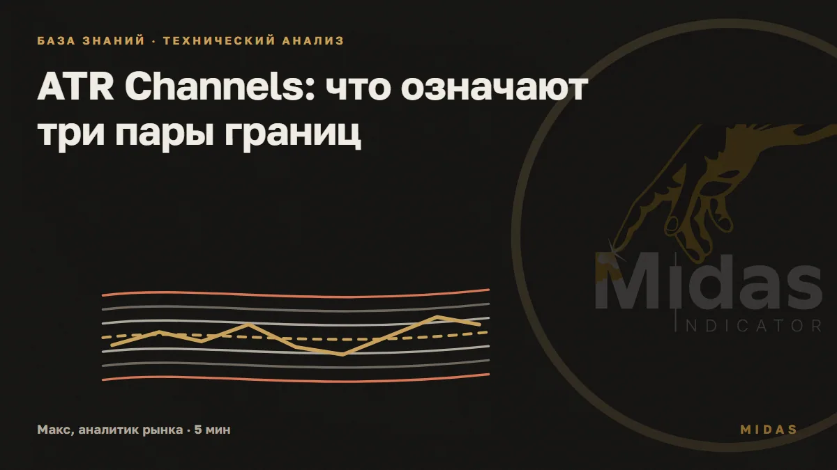 Обложка статьи «ATR Channels: что означают три пары границ»: Средняя линия и три пары границ вокруг цены: каждая пара дальше предыдущей на шаг ATR