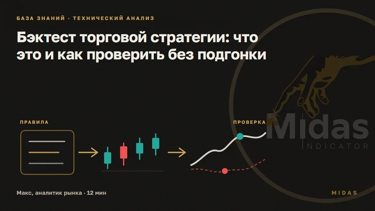 Обложка статьи «Бэктест торговой стратегии: что это и как проверить без подгонки»: правила стратегии переходят в свечной график и отдельный контур независимой проверки
