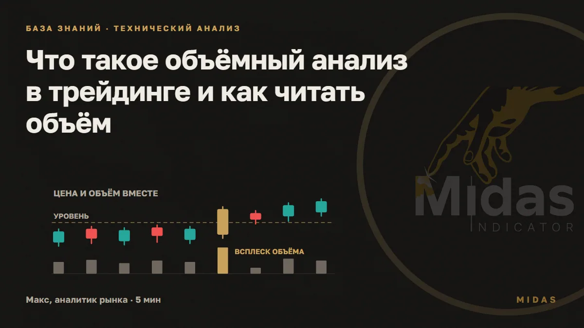 Обложка статьи «Что такое объёмный анализ в трейдинге и как читать объём»: Свечи под пунктирным уровнем, золотая свеча пробоя над ним и высокий золотой столбик объёма под ней, откат на низком объёме.