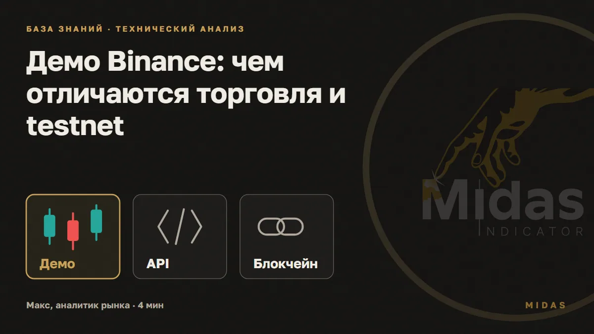 Обложка статьи «Демо Binance: чем отличаются торговля и testnet»: три карточки учебных сред: золотая карточка демо со свечами, серая карточка API с символом кода и серая карточка блокчейна со звеньями цепи