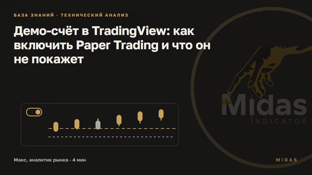 Обложка статьи «Демо-счёт в TradingView: как включить Paper Trading и что он не покажет»: окно графика учебного счёта: включённый переключатель режима в углу, свечи поднимаются над золотой пунктирной линией заявки, ниже серый пунктир стопа