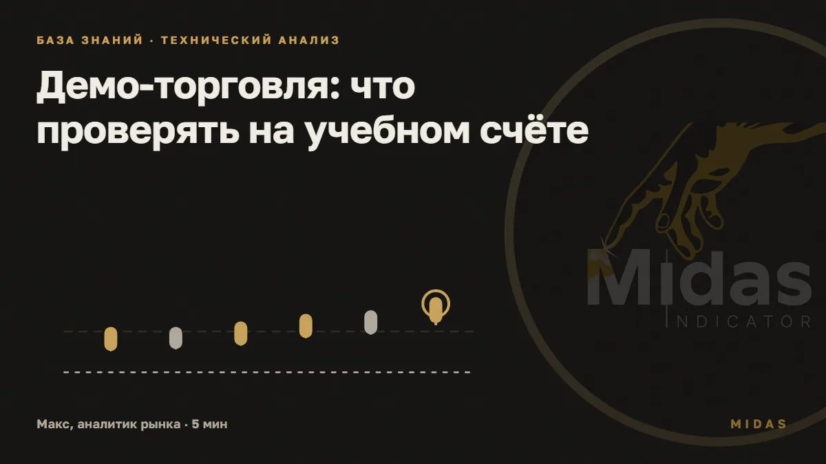 Обложка статьи «Демо-торговля: что проверять на учебном счёте»: свечи поднимаются над пунктирной линией входа, ниже серая пунктирная линия стопа; последняя свеча обведена золотым кругом как точка выхода