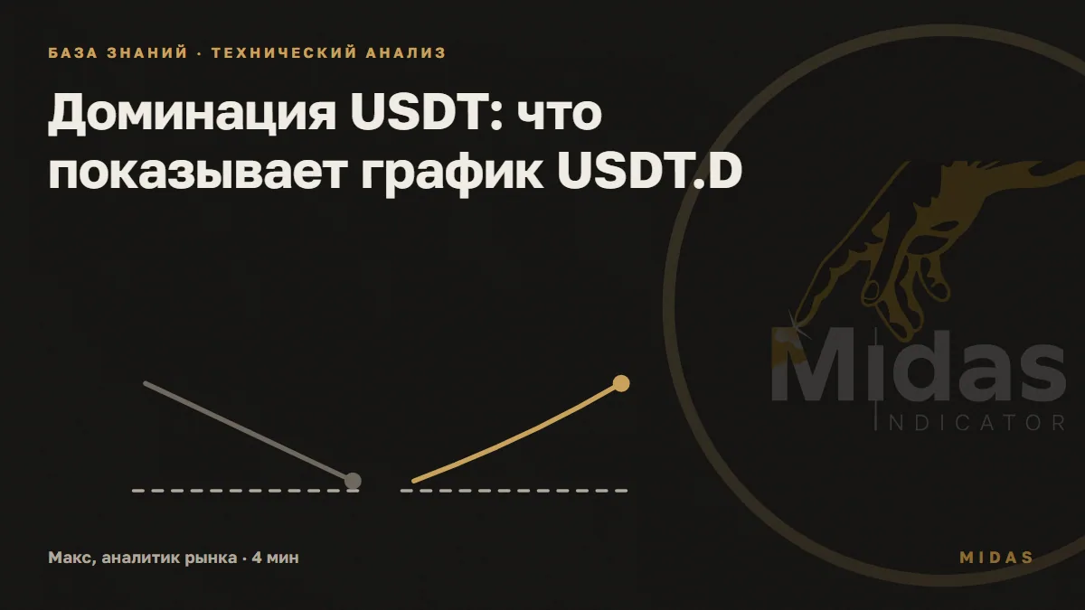 Обложка статьи «Доминация USDT: что показывает график USDT.D»: Учебный пример: линия общей капитализации рынка снижается, линия доли USDT в процентах растёт при той же капитализации USDT.