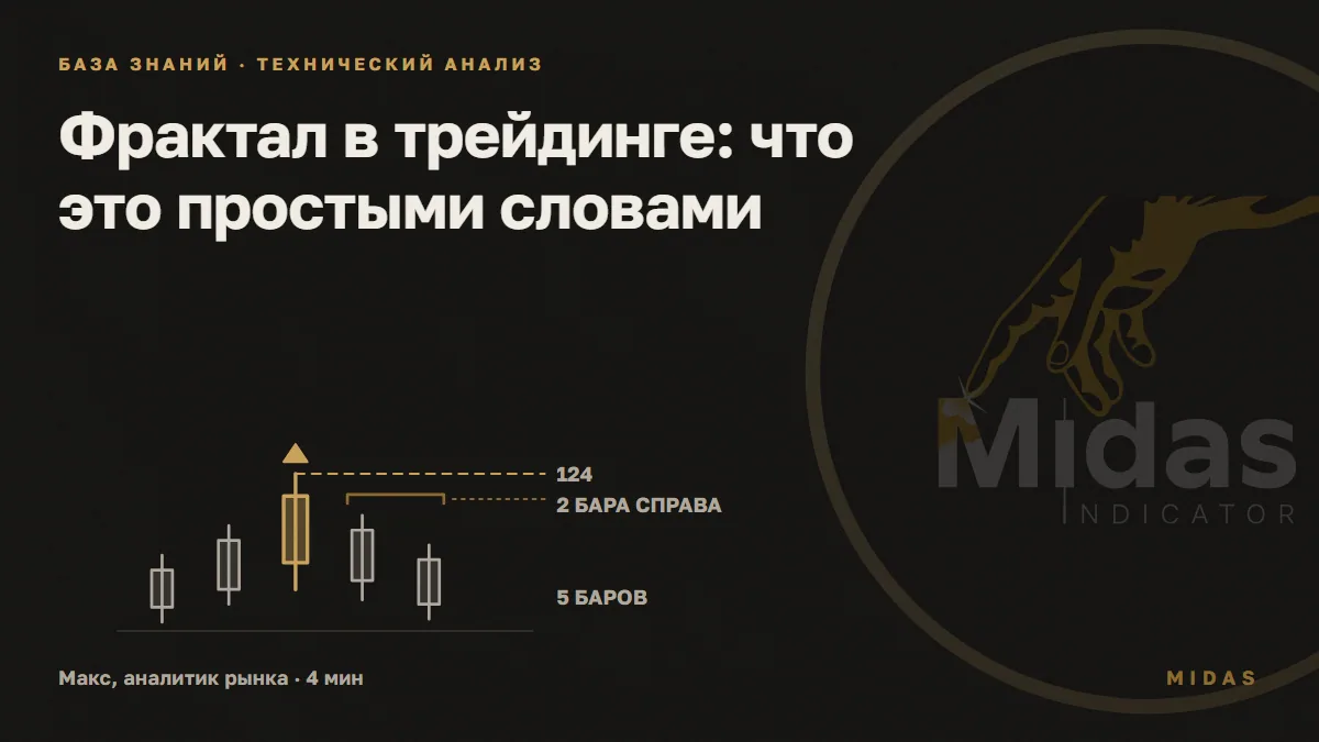 Обложка статьи «Фрактал в трейдинге: что это простыми словами»: Пять свечей подряд: средняя выделена золотом и держит самый высокий максимум, над ней стрелка, пунктир отмечает уровень 124, скобка над двумя правыми - ожидание подтверждения.
