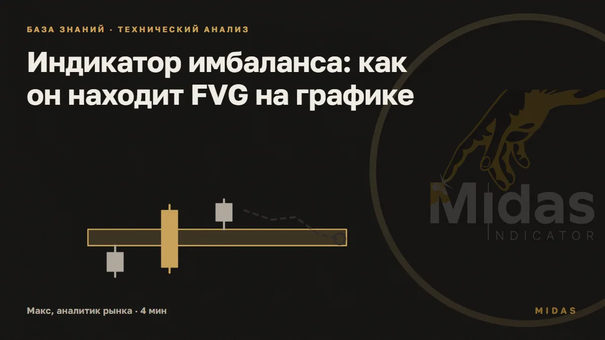Обложка статьи «Индикатор имбаланса: как он находит FVG на графике»: три свечи, длинная золотая посередине, между фитилями крайних светлая золотая полоса разрыва, тёмная пунктирная линия цены возвращается в полосу