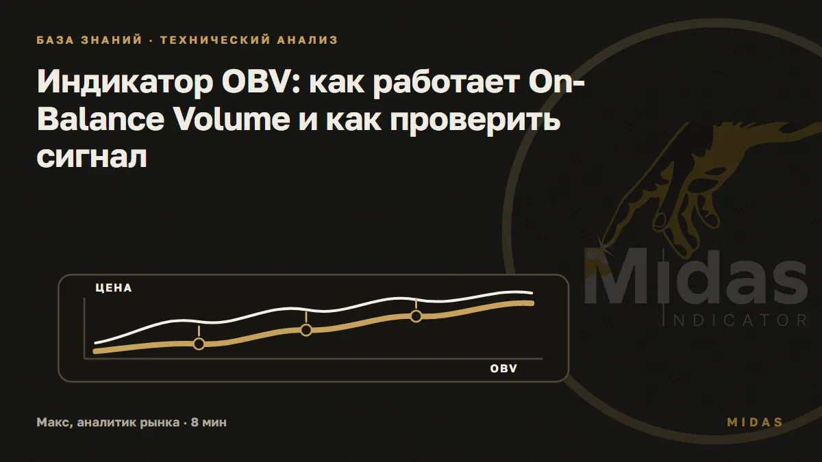 Обложка статьи «Индикатор OBV: как работает On-Balance Volume и как проверить сигнал»: линия цены и накопительный OBV: подтверждение, расхождение и проверка источника объёма