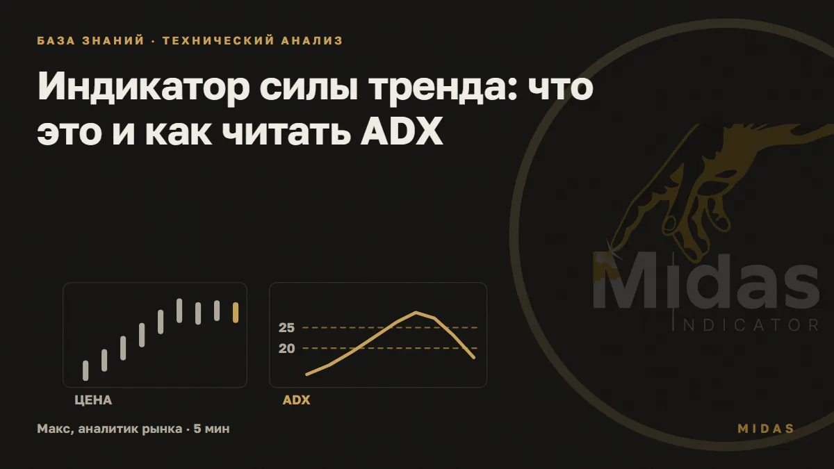 Обложка статьи «Индикатор силы тренда: что это и как читать ADX»: Слева свечи ровного роста и боковик, справа золотая линия ADX поднимается выше пунктира 25 и опускается под 20.