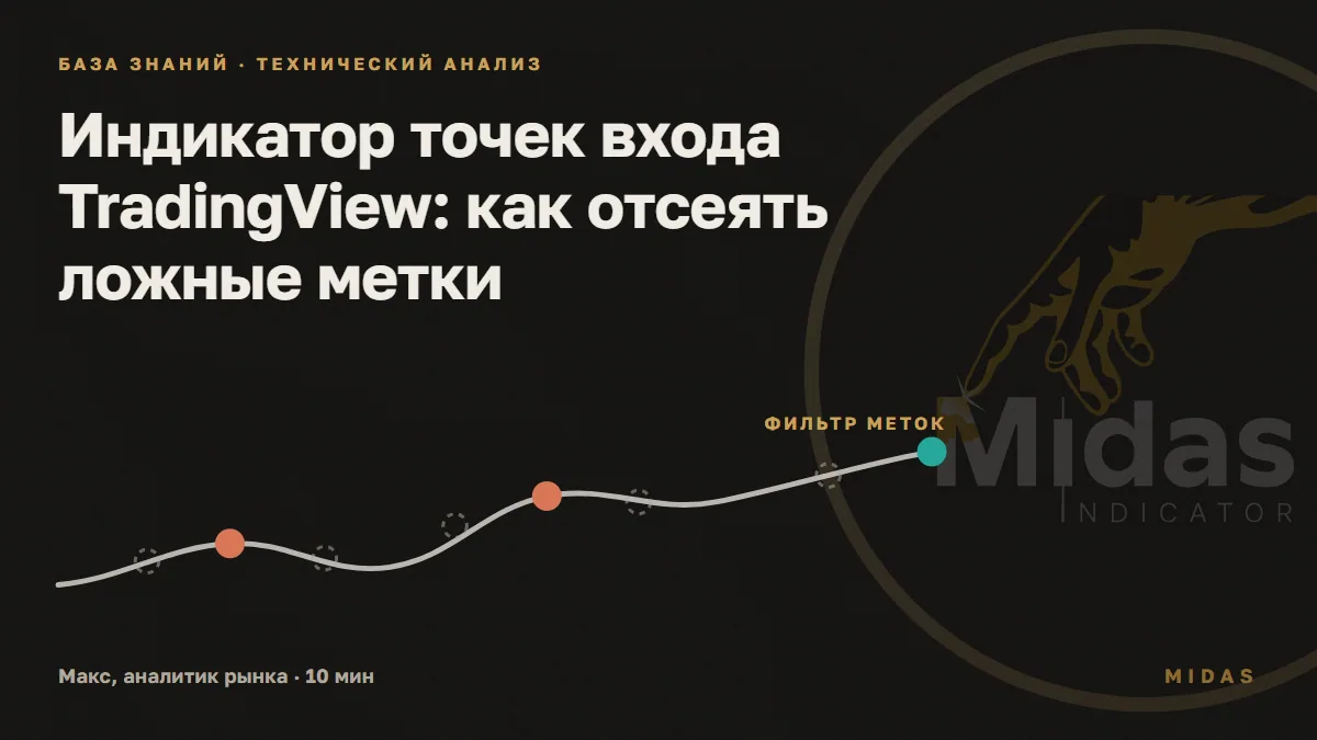 Обложка статьи «Индикатор точек входа TradingView: как отсеять ложные метки»: часть меток входа отсеяна пунктиром, подтверждённые залиты цветом