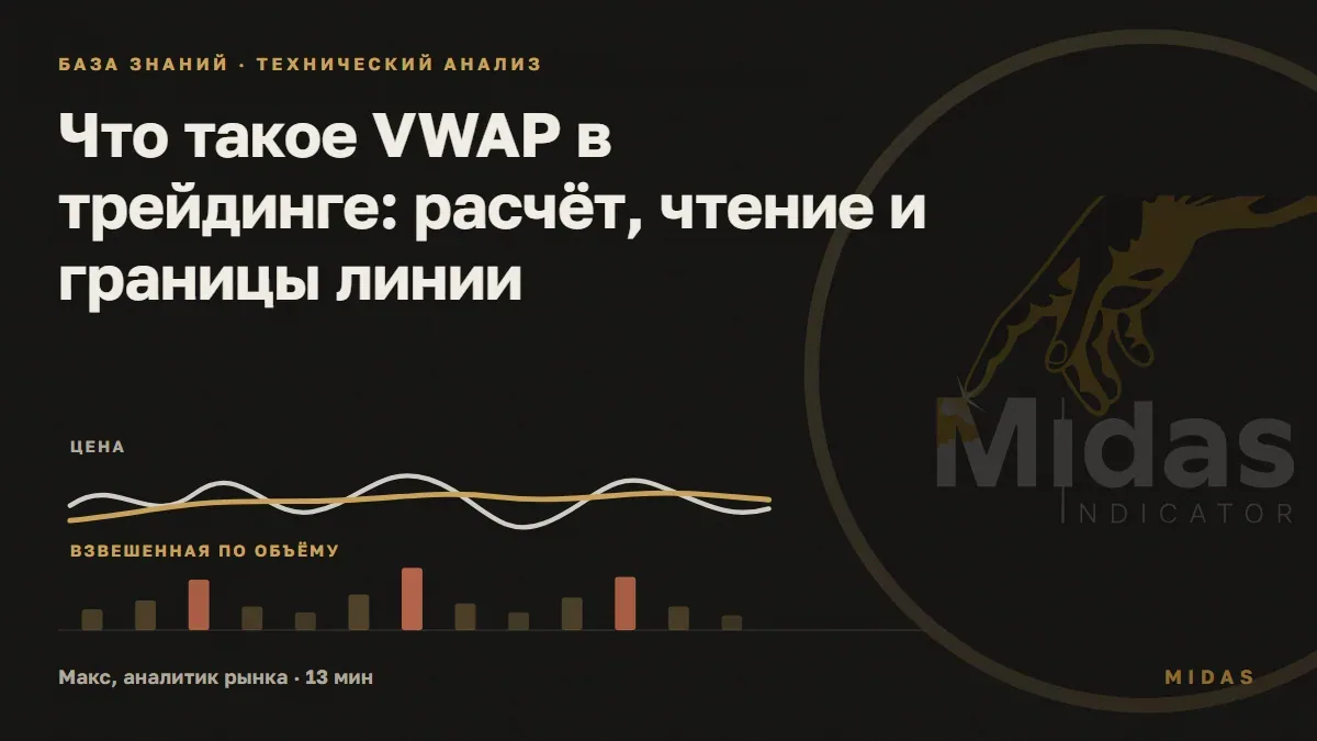 Обложка статьи «Что такое VWAP в трейдинге: расчёт, чтение и границы линии»: Столбики оборота внизу и две линии над ними: рваный путь цены и спокойная взвешенная по объёму линия, которая тянется к местам крупного оборота