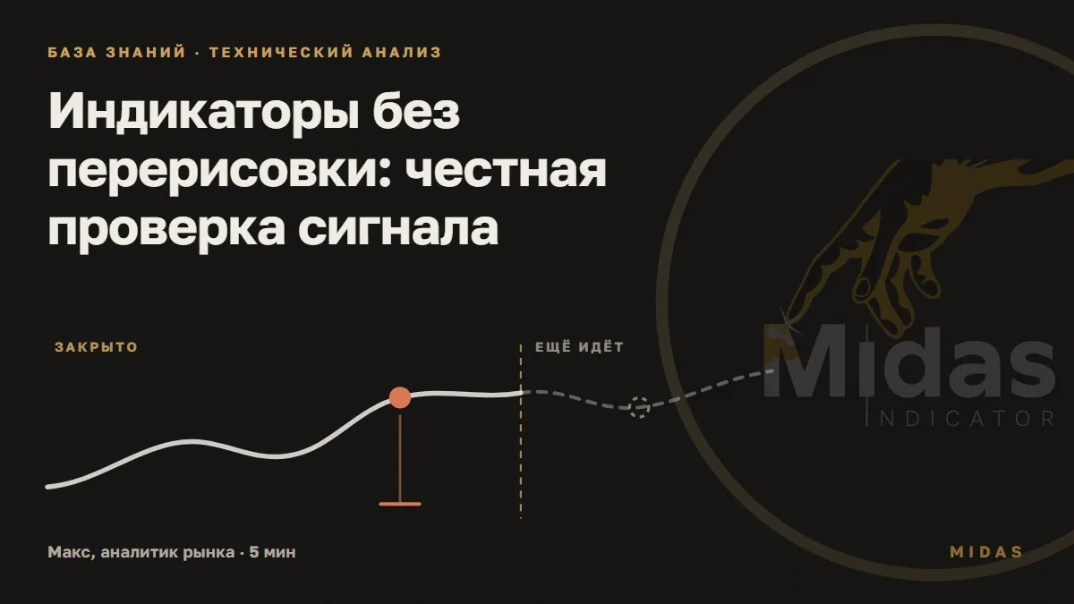Обложка статьи «Индикаторы без перерисовки: честная проверка сигнала»: сигнал стоит на закрытом баре, незакрытая часть графика пунктиром