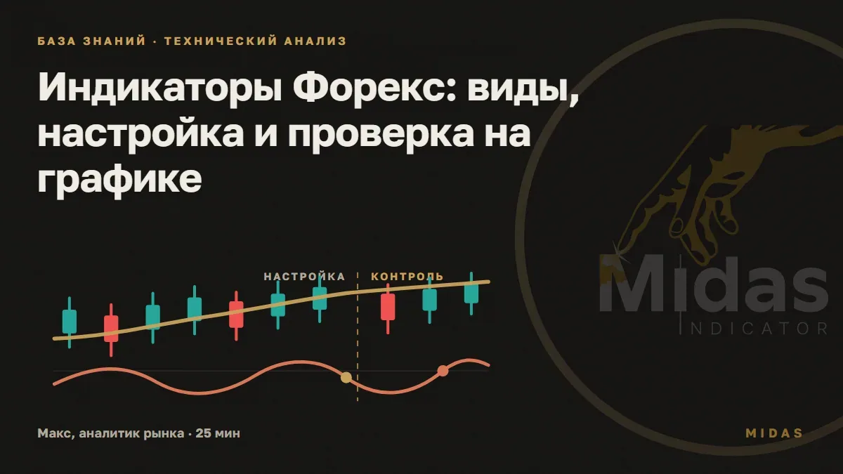 Обложка статьи «Индикаторы Форекс: виды, настройка и проверка на графике»: свечи с плавной средней линией и осциллятор под ними; пунктир делит график на зоны НАСТРОЙКА и КОНТРОЛЬ, на осцилляторе отмечены две точки