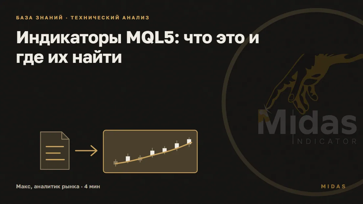 Обложка статьи «Индикаторы MQL5: что это и где их найти»: лист исходного кода со стрелкой в окно графика, где по свечам идёт плавная линия средней