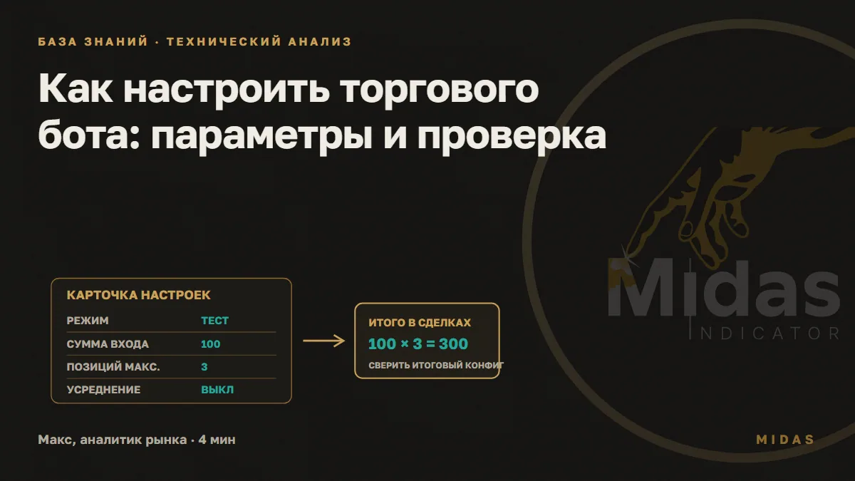Обложка статьи «Как настроить торгового бота: параметры и проверка»: Карточка настроек торгового бота: тестовый режим, сумма входа 100, до трёх позиций, итог 300 и сверка итоговой конфигурации.