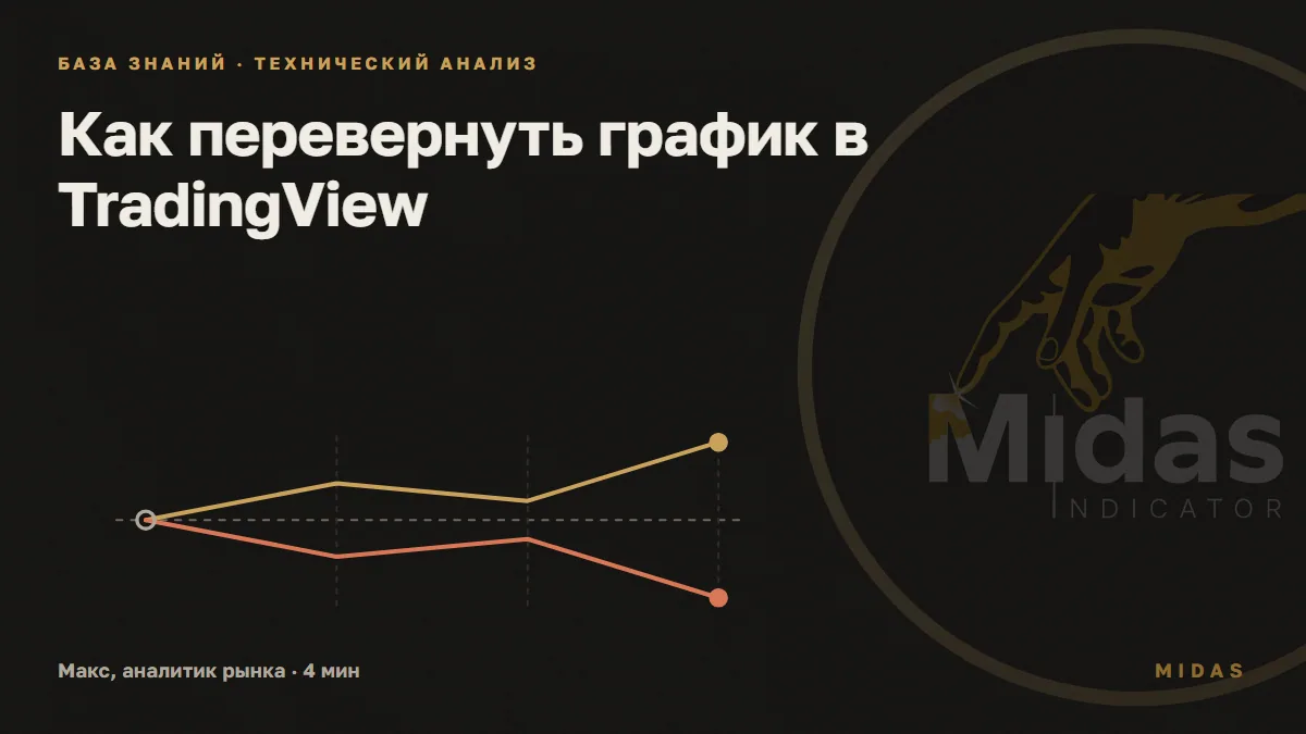 Обложка статьи «Как перевернуть график в TradingView»: пунктирная ось посередине; золотая линия цены ступенями идёт вверх, терракотовая повторяет её зеркально вниз от той же точки старта, как на перевёрнутой шкале