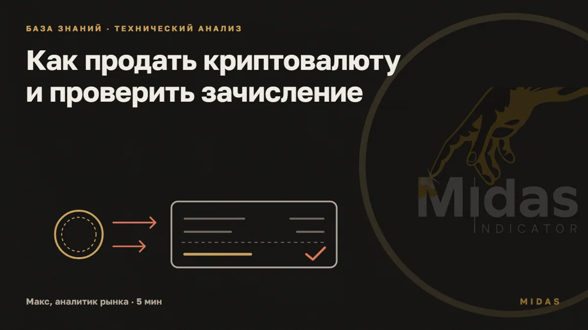 Обложка статьи «Как продать криптовалюту и проверить зачисление»: Монета уходит двумя частями в карточку сверки: две строки сделок и итоговая строка баланса с отметкой.
