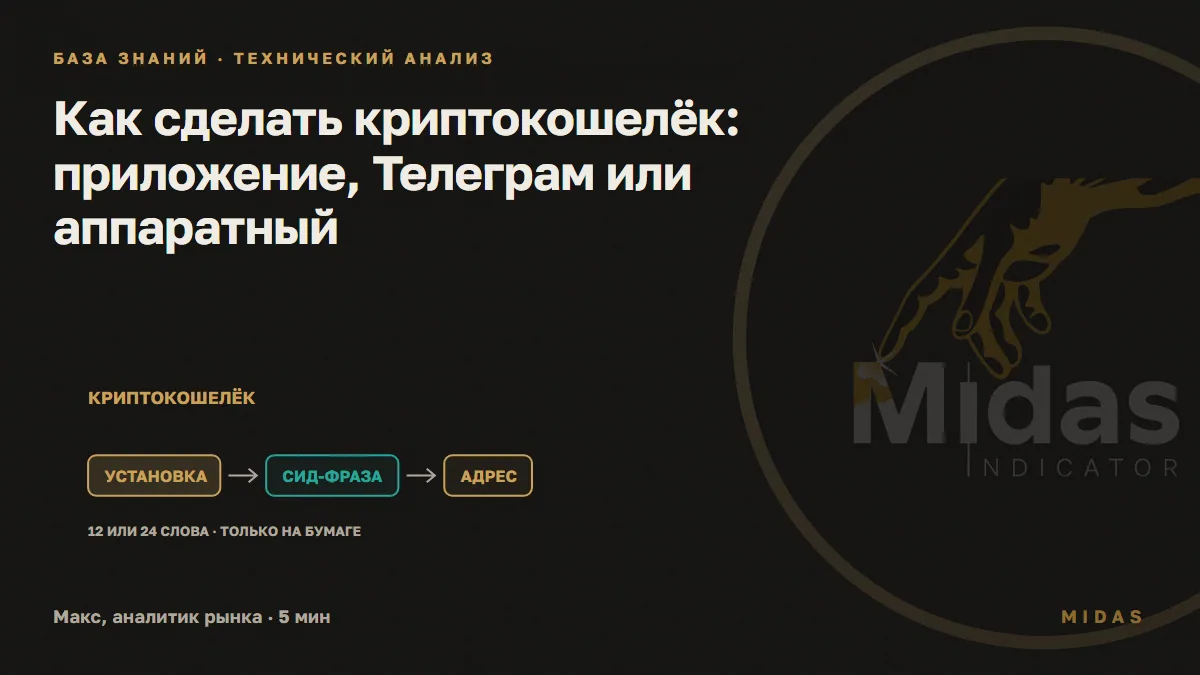 Обложка статьи «Как сделать криптокошелёк: приложение, Телеграм или аппаратный»: Три шага создания криптокошелька: установка приложения, запись сид-фразы на бумаге и копирование адреса.