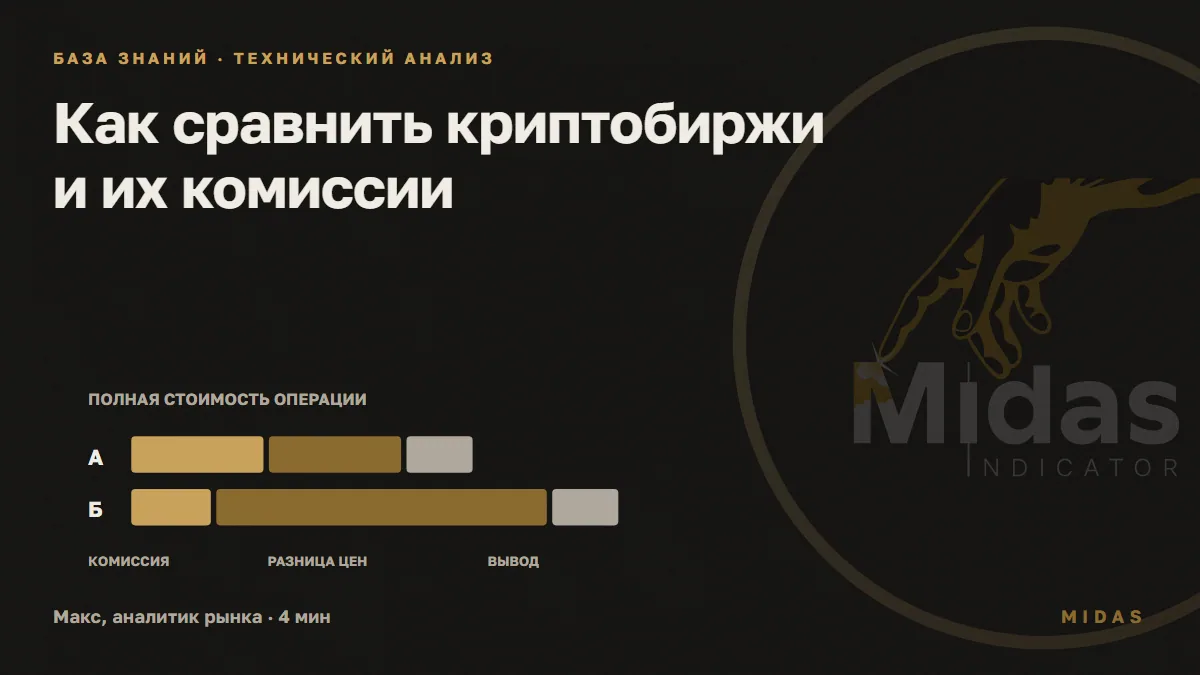 Обложка статьи «Как сравнить криптобиржи и их комиссии»: Состав расходов двух условных площадок: торговая комиссия, разница цен и вывод
