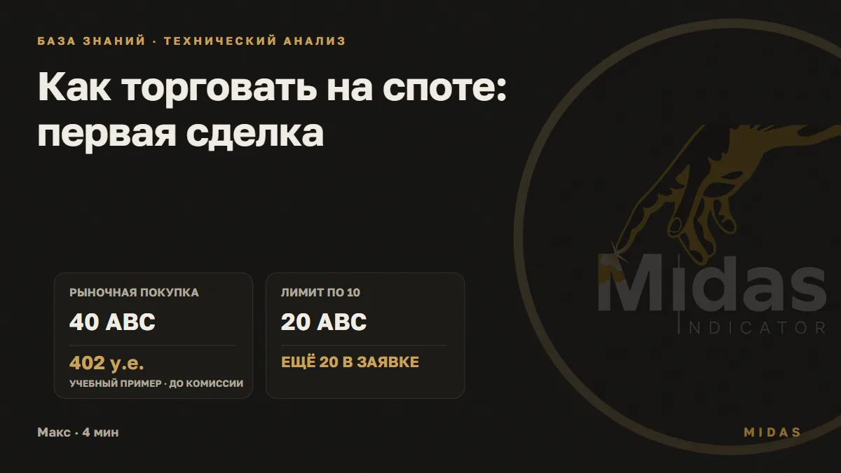 Обложка статьи «Как торговать на споте: первая сделка»: Учебный стакан: рыночная покупка 40 ABC за 402 условные единицы до комиссии; лимит по 10 покупает 20 ABC, ещё 20 ожидают