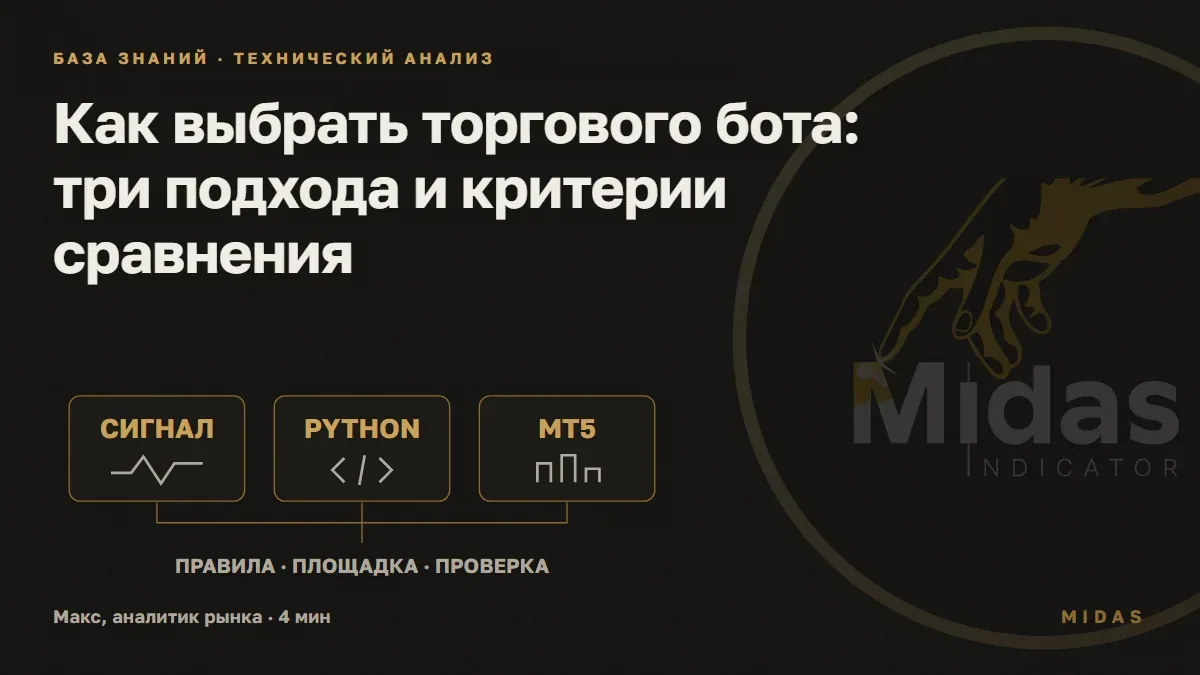 Обложка статьи «Как выбрать торгового бота: три подхода и критерии сравнения»: Три подхода к автоматизации: внешний сигнал, Python и советник MT5; общие критерии выбора.
