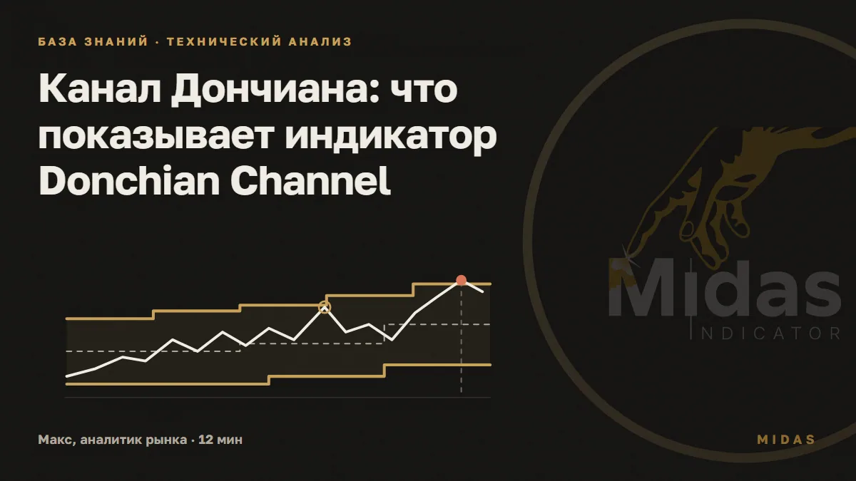 Обложка статьи «Канал Дончиана: что показывает индикатор Donchian Channel»: ступенчатый канал по экстремумам: верхняя и нижняя границы стоят и прыгают шагом, условная линия цены касается верхней в середине и уходит за неё справа; без котировок