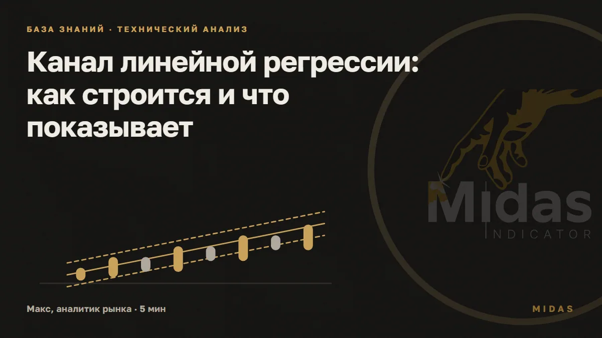 Обложка статьи «Канал линейной регрессии: как строится и что показывает»: восемь свечей идут вверх внутри наклонного коридора: сплошная средняя линия и две пунктирные границы на равном расстоянии от неё