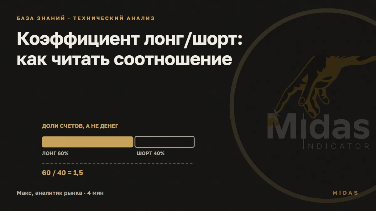 Обложка статьи «Коэффициент лонг/шорт: как читать соотношение»: Коэффициент лонг/шорт делит долю счетов с длинными позициями на долю счетов с короткими: 60% на 40% дают 1,5.
