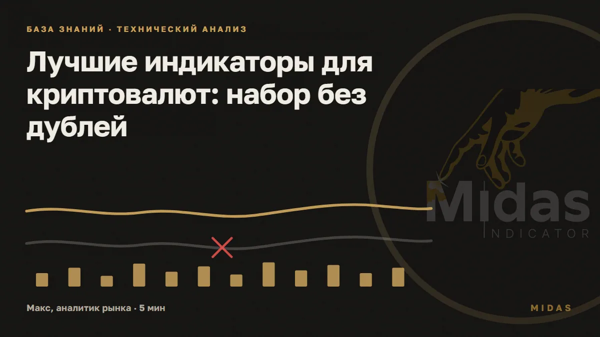 Обложка статьи «Лучшие индикаторы для криптовалют: набор без дублей»: две одинаковые линии, дубль перечёркнут, отдельный слой оставлен