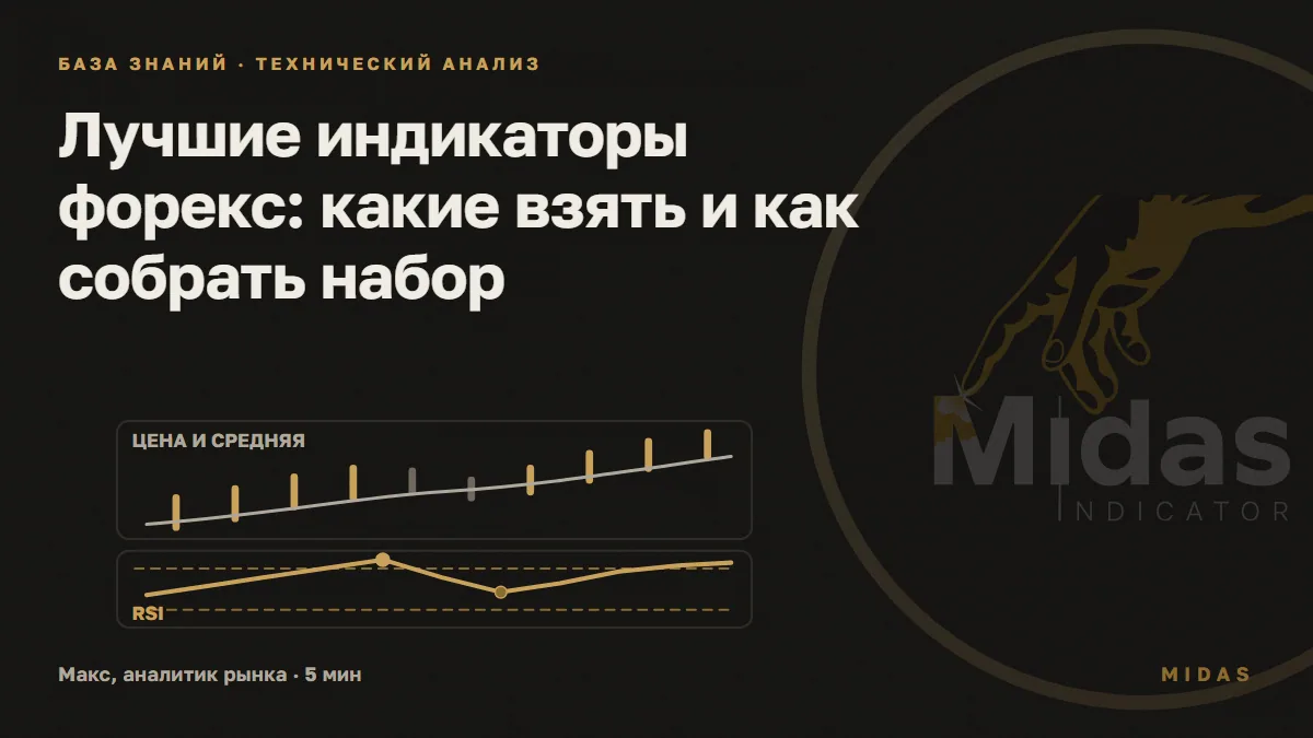Обложка статьи «Лучшие индикаторы форекс: какие взять и как собрать набор»: Сверху растущие свечи и светлая скользящая средняя под ними, снизу золотая линия RSI между пунктирами 70 и 30 с отметками выхода вверх и отката.