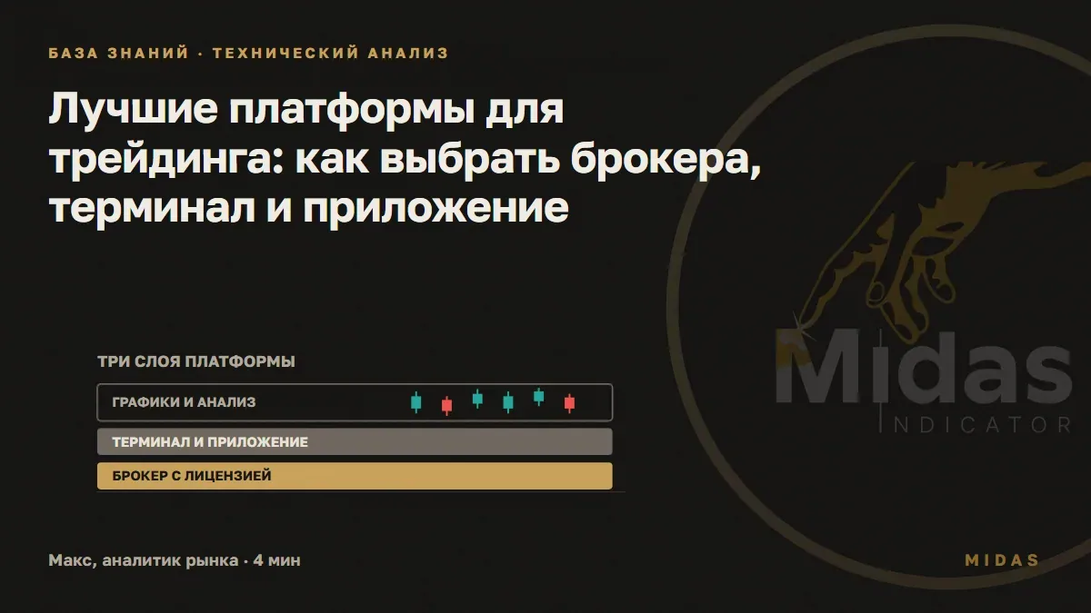 Обложка статьи «Лучшие платформы для трейдинга: как выбрать брокера, терминал и приложение»: Три слоя платформы снизу вверх: золотой брокер с лицензией, серый терминал и приложение, сверху рамка графиков со свечами.