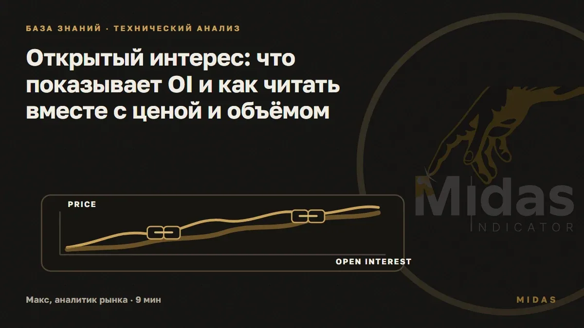 Обложка статьи «Открытый интерес: что показывает OI и как читать вместе с ценой и объёмом»: открытый интерес, цена и объём: четыре состояния и проверка источника данных