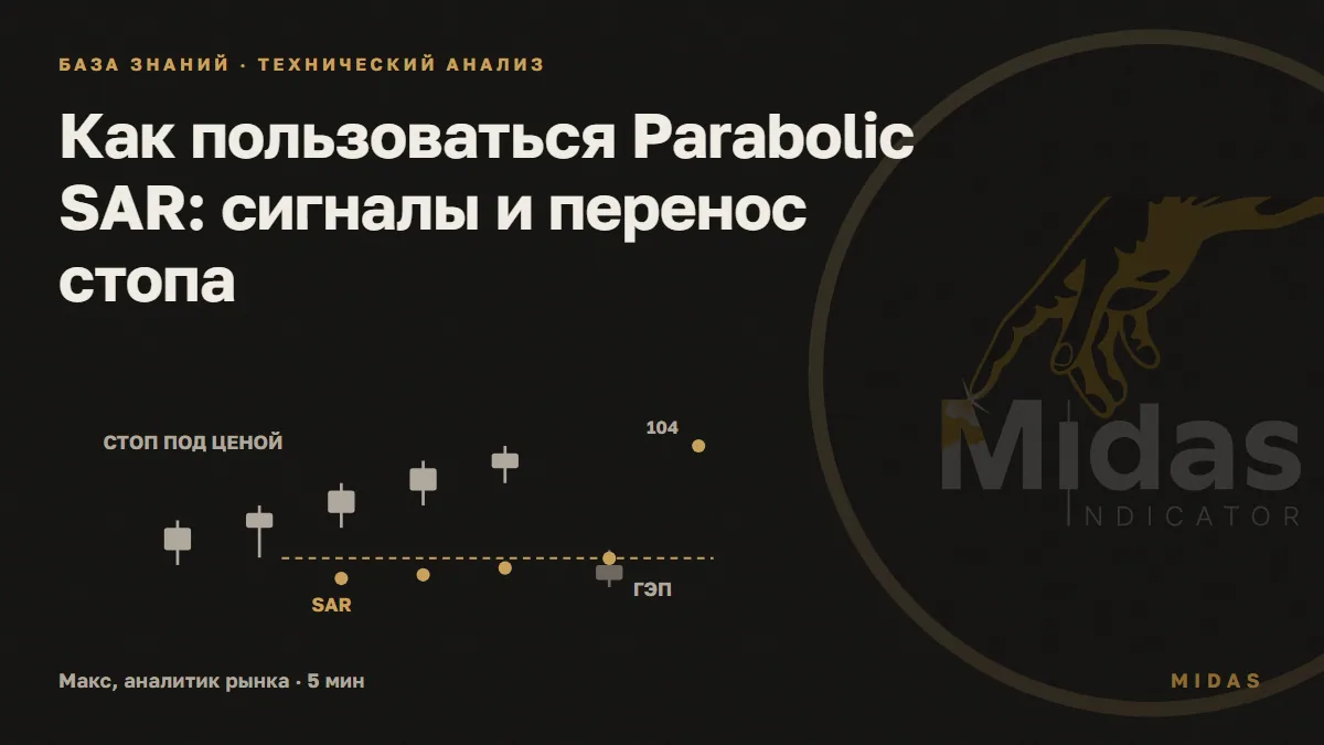 Обложка статьи «Как пользоваться Parabolic SAR: сигналы и перенос стопа»: Учебные свечи растут, точки SAR под ними поднимают стоп, после гэпа вниз новая точка встаёт над ценой