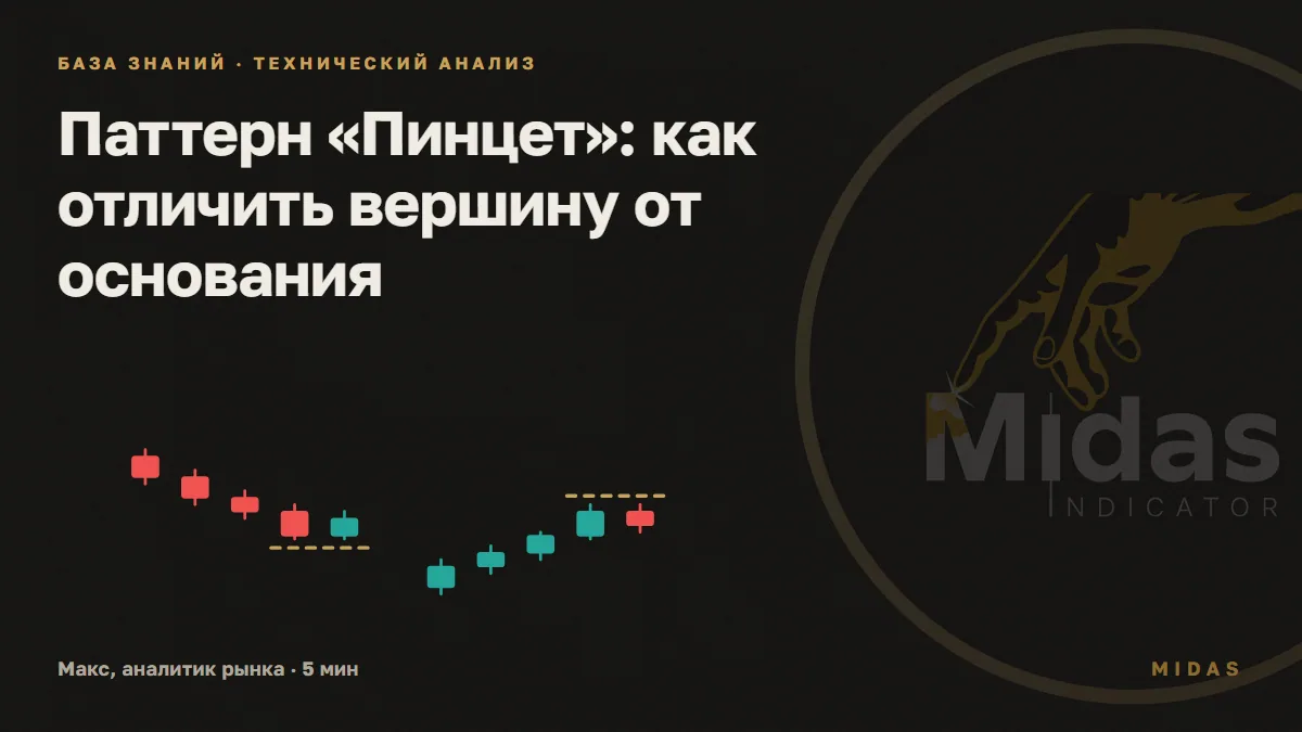 Обложка статьи «Паттерн «Пинцет»: как отличить вершину от основания»: Две группы свечей: слева снижение и две свечи с равными минимумами над золотым пунктиром, справа рост и две свечи с равными максимумами под пунктиром