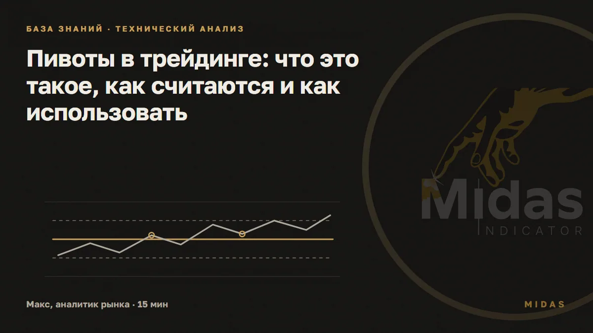 Обложка статьи «Пивоты в трейдинге: что это такое, как считаются и как использовать»: три горизонтальных уровня: золотой центральный и два серых пунктирных выше и ниже него; поверх идёт ломаная линия цены с двумя отметками касания; без чисел и котировок