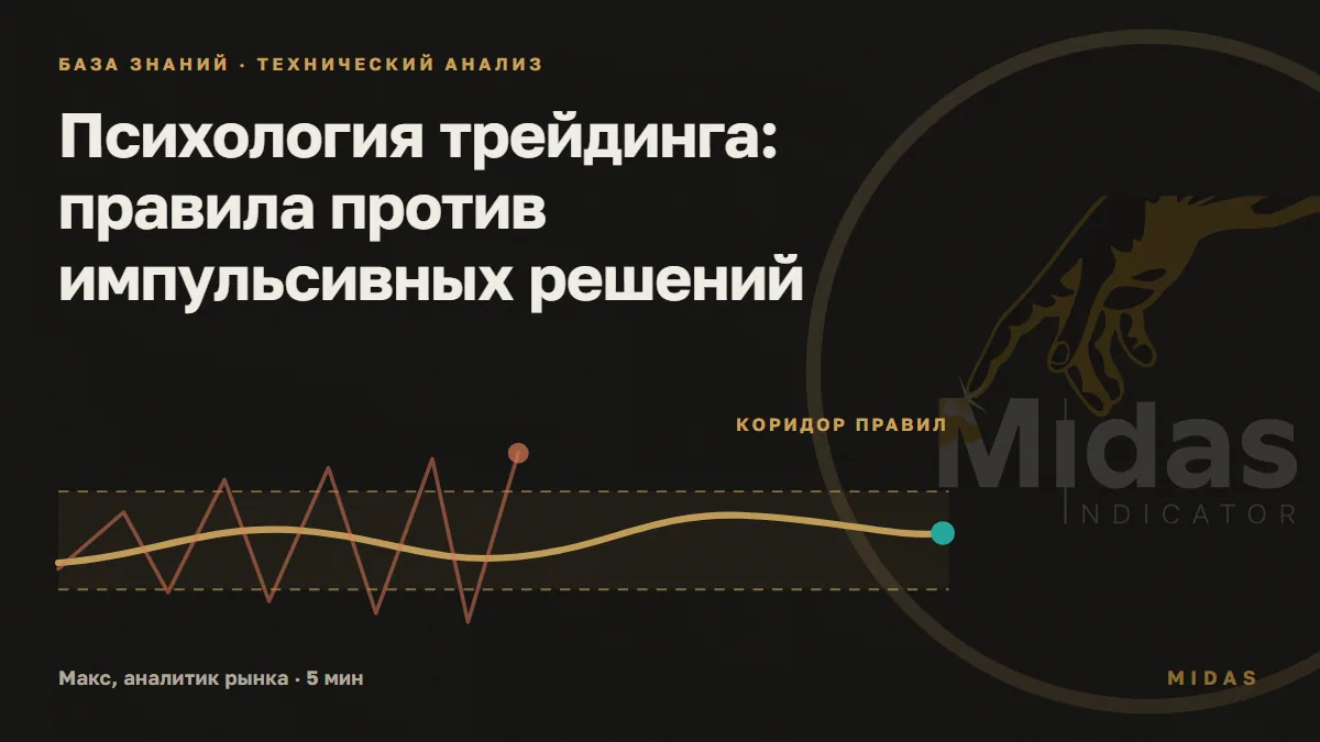 Обложка статьи «Психология трейдинга: правила против импульсивных решений»: спокойный путь внутри коридора правил и рваная линия вылета за него