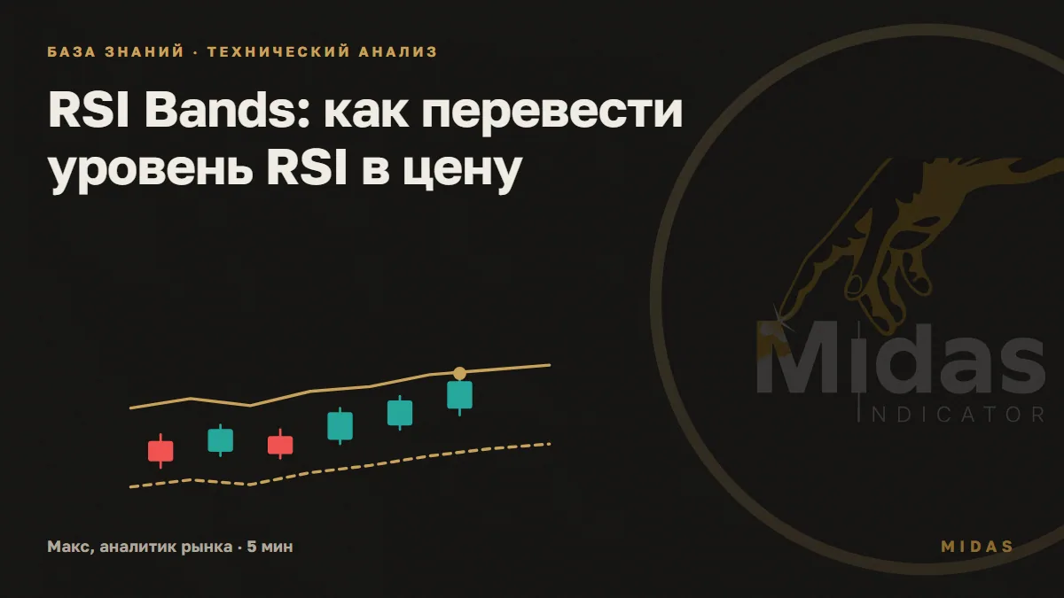 Обложка статьи «RSI Bands: как перевести уровень RSI в цену»: Свечи идут между двумя золотыми линиями, сплошной сверху и пунктирной снизу, последняя свеча касается верхней линии